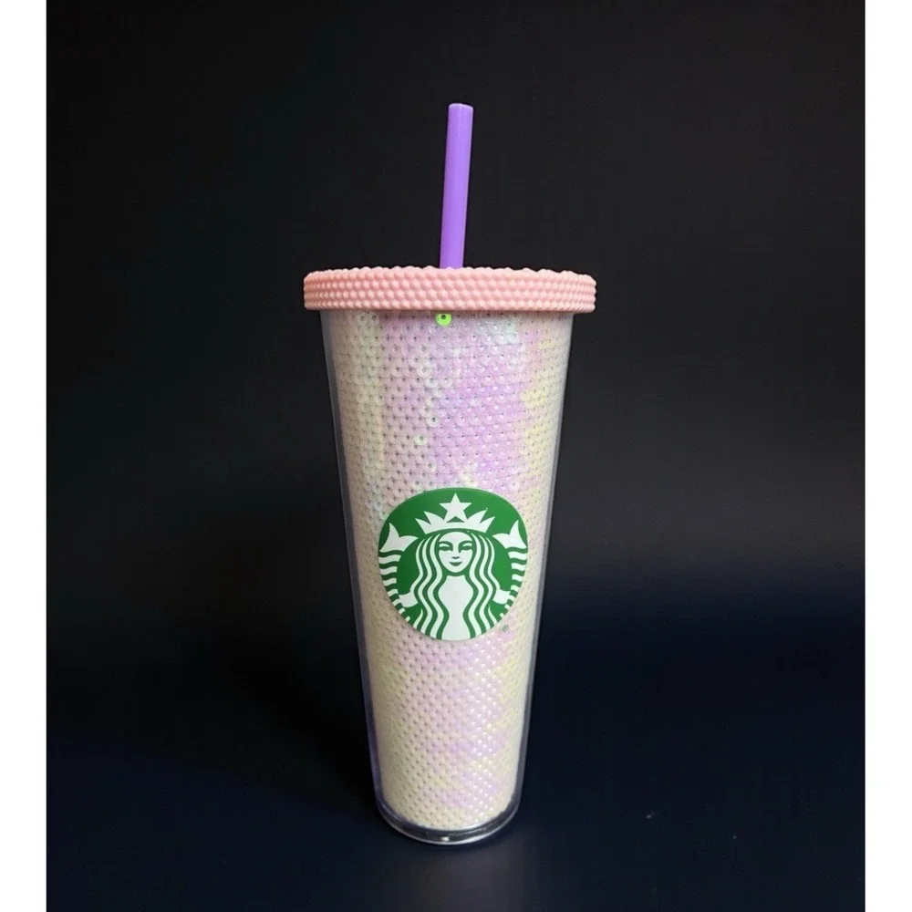 Starbucks 2020 Holiday White Pink Sequins Scales 24oz Venti Cold Cup Tumbler EUC